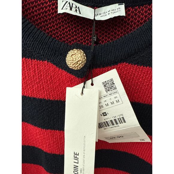 Zara Stripes Cropped‎ Sweater Cardigan Red & Navy Size Medium - Picture 9 of 9